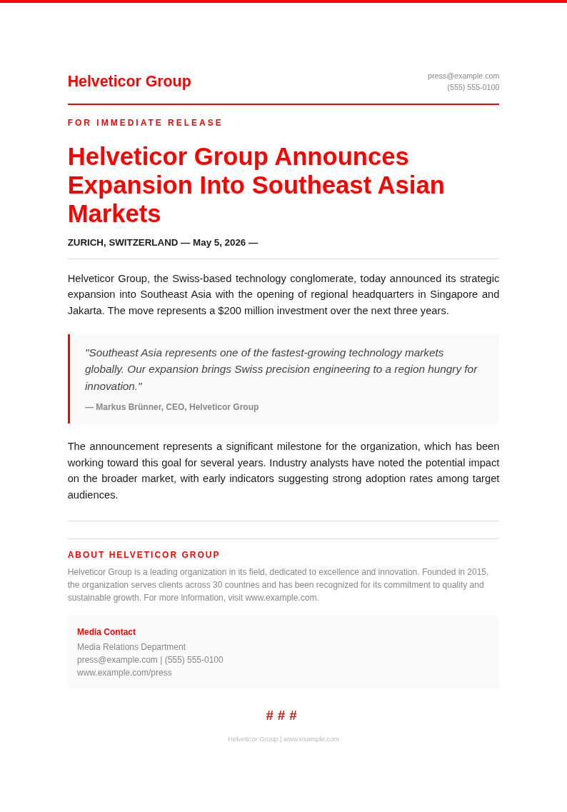Swiss International Press Release